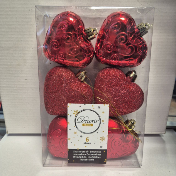 Набор фигур новогодних СЕРДЦА, пластик, 3,5х6х6 см (уп=6 шт), арт. 028014 (только самовывоз)