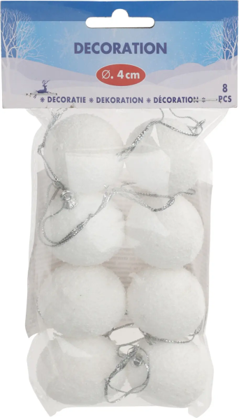 Набор фигур новогодних ШАРЫ-СНЕЖКИ, пластик, д.4см (уп=8 шт), арт. AWR500500