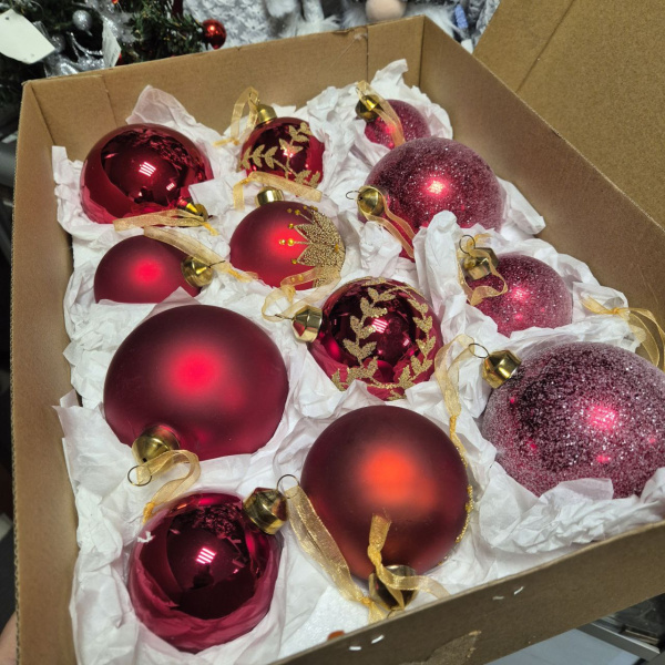 Набор фигур новогодних ШАРЫ, стекло, д 10 см., (уп=12 шт), арт. 149918 (только самовывоз)