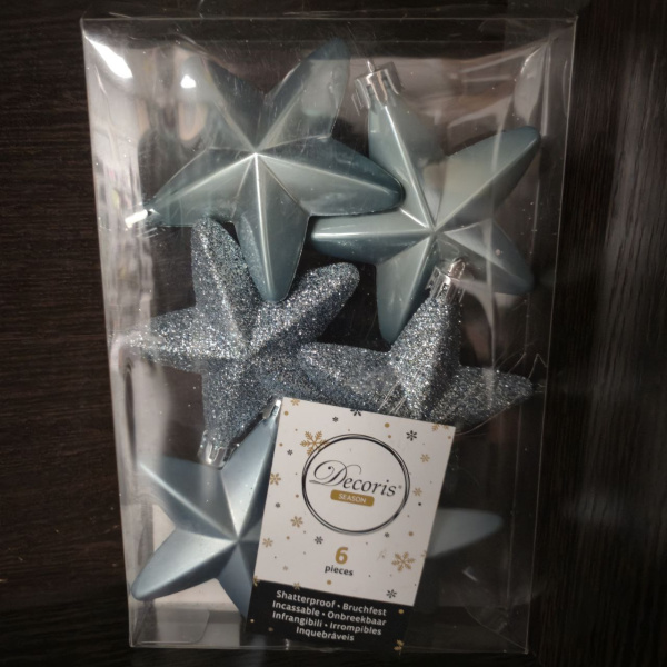 Набор фигур новогодних ЗВЕЗДЫ, пластик, 2х7,5х7,5 см, (уп=6 шт), синий, арт. 027975 (только самовывоз)