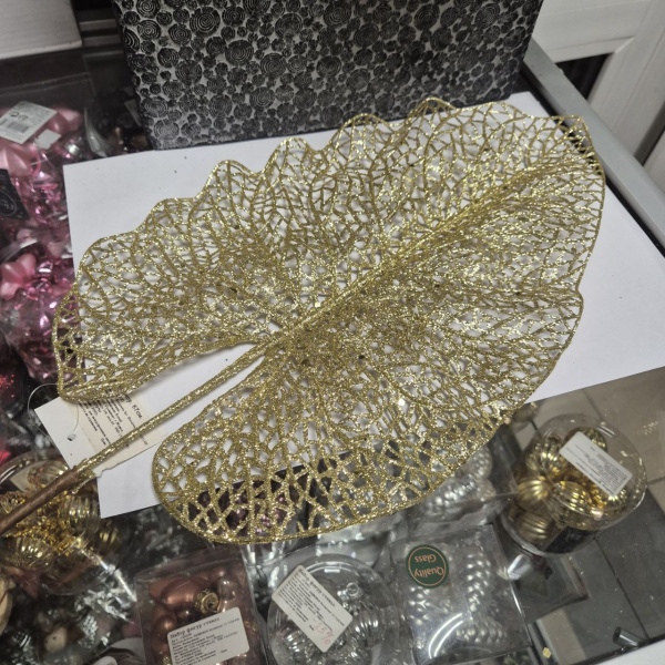 Ветвь искусственная для декора БАНАНОВЫЙ ЛИСТ, пластик, 67 см, золотой с блеском, арт. YZA000200 (только самовывоз)