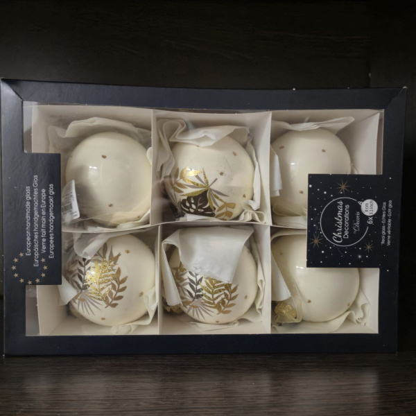 Фигура новогодняя ШАР, стекло, асс/2, д. 8 см, белый, арт. 049708 6шт=наб (только самовывоз)