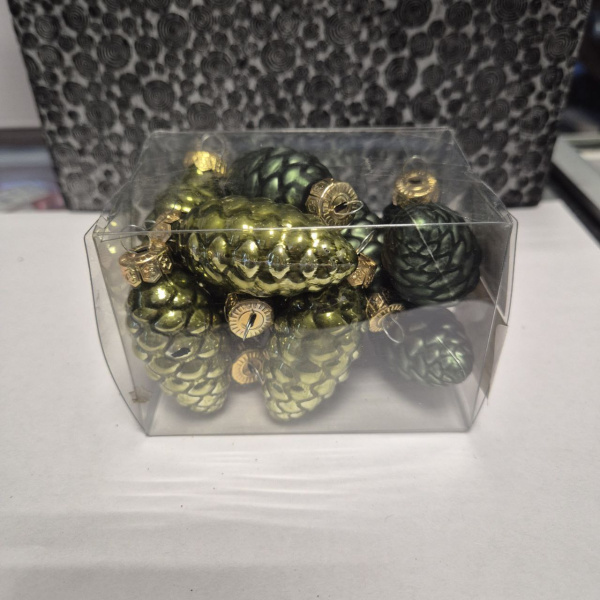 Набор фигур новогодних ШИШКИ, стекло, д.6см (уп=12 шт), зеленая хвоя, арт. 113845 (только самовывоз)