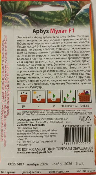Арбуз Мулат F1 Sakata Франция ZV 5шт